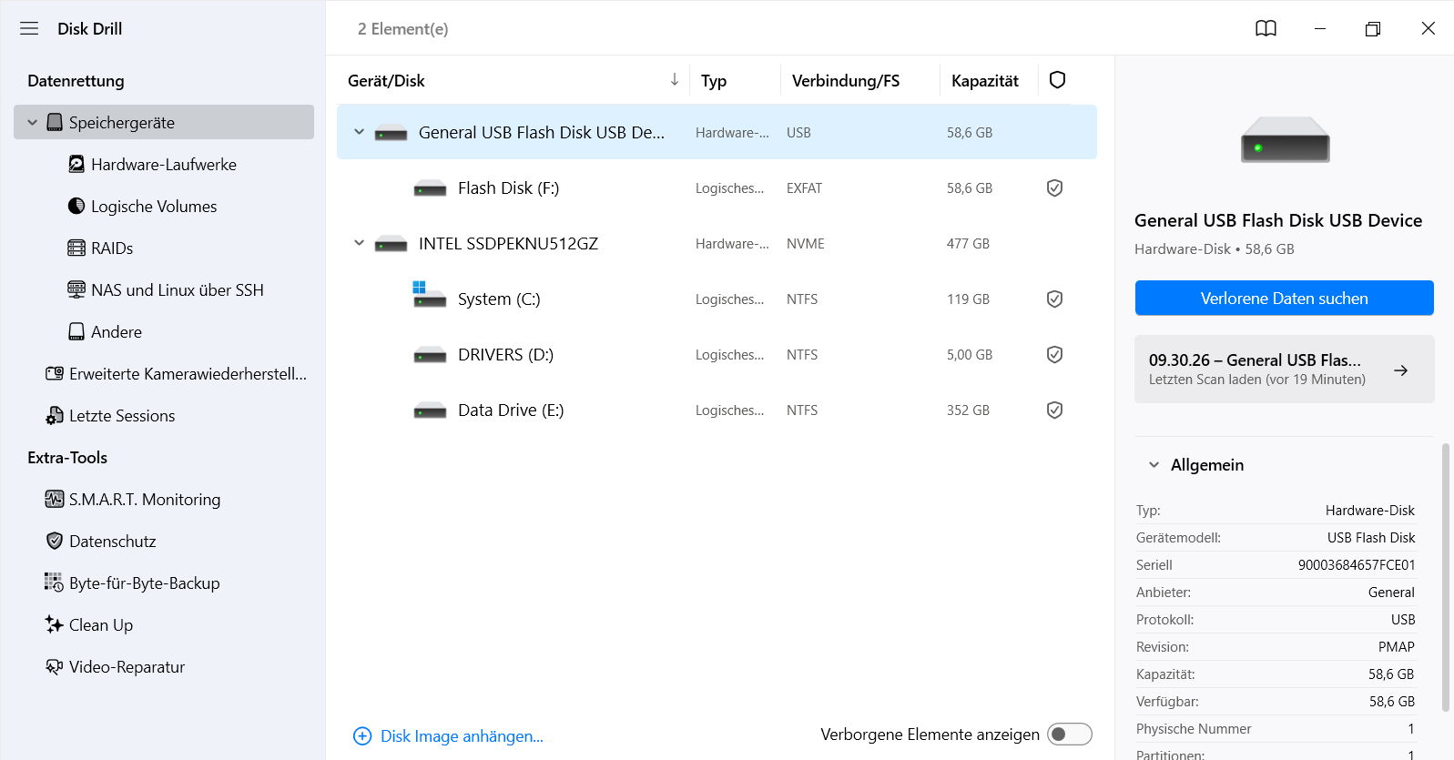 Auswahl der externen Festplatte für den Scan in Disk Drill