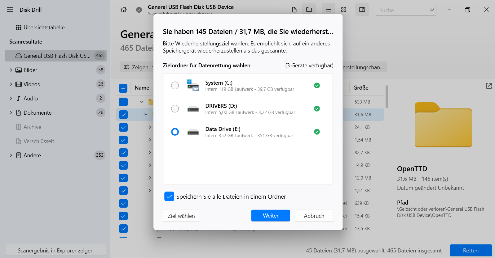 Auswahl eines anderen Laufwerks zum Speichern der wiederhergestellten Dateien